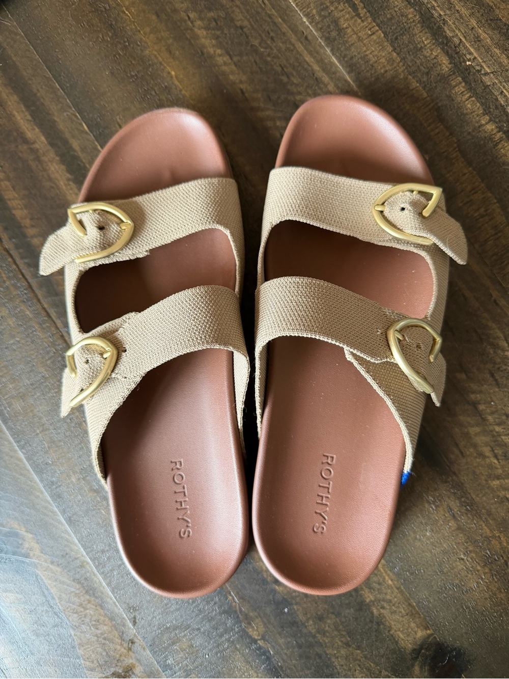 Rothy's Women's Tan Double-Buckle Slide Sandals with Gold Hardware
